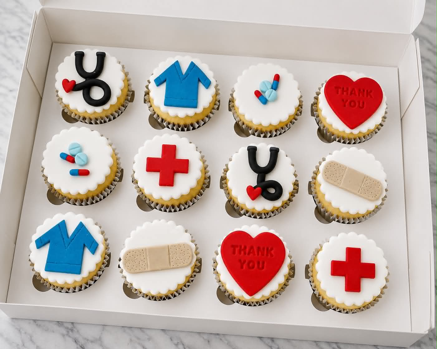 Box of 12 white fondant cupcakes with medical themed decorations including stethoscope, scrubs, pills, red cross, bandaid and Thank You heart toppers